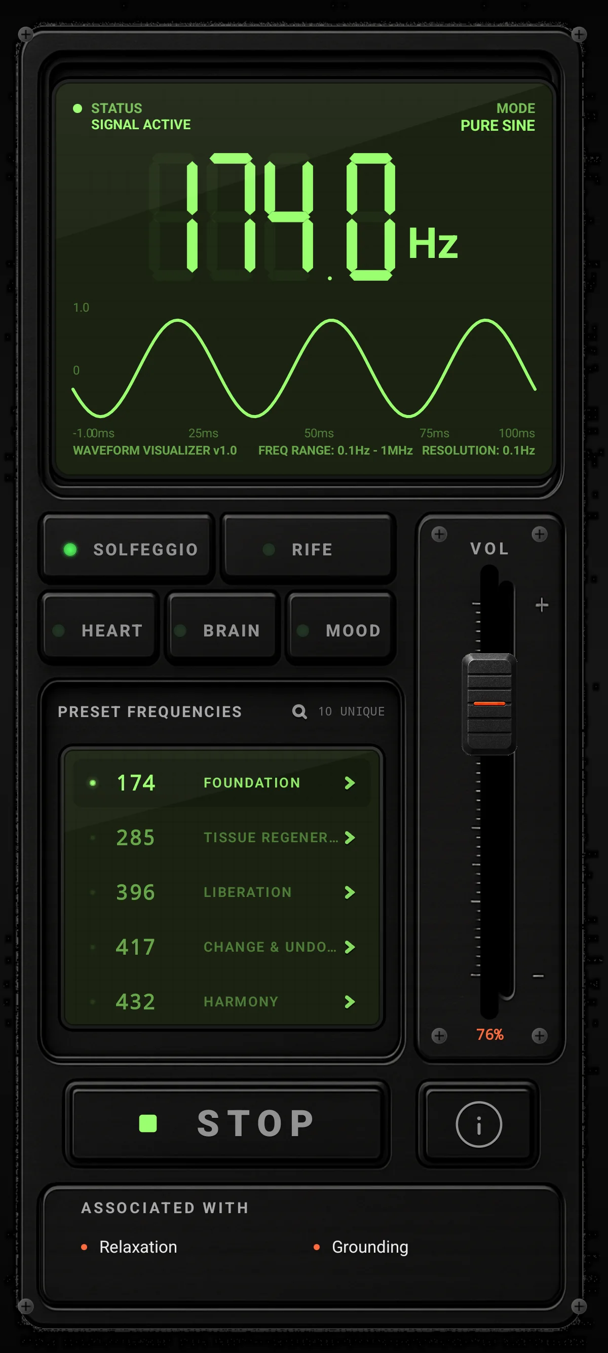 Rife Generator Solfeggio screen