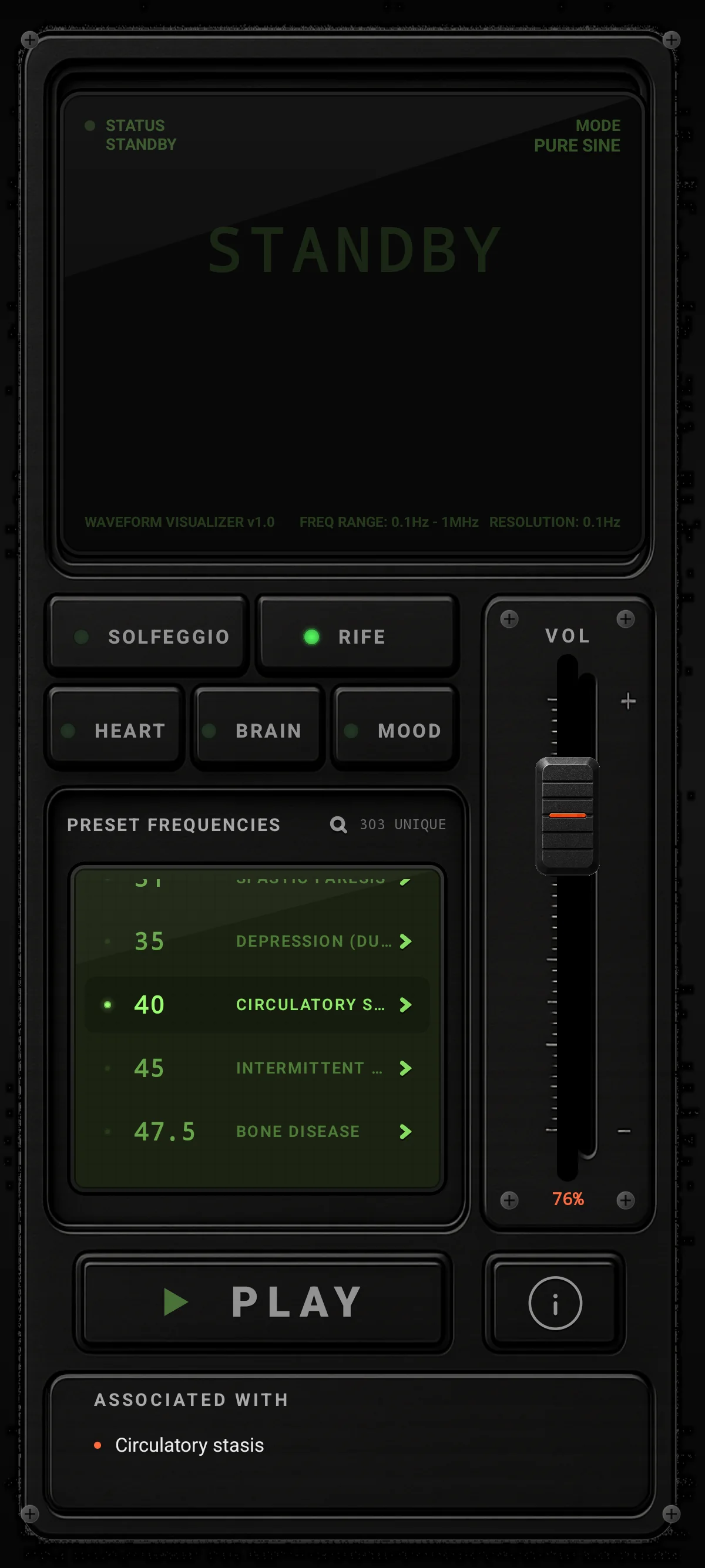 Rife Generator standby controls screen