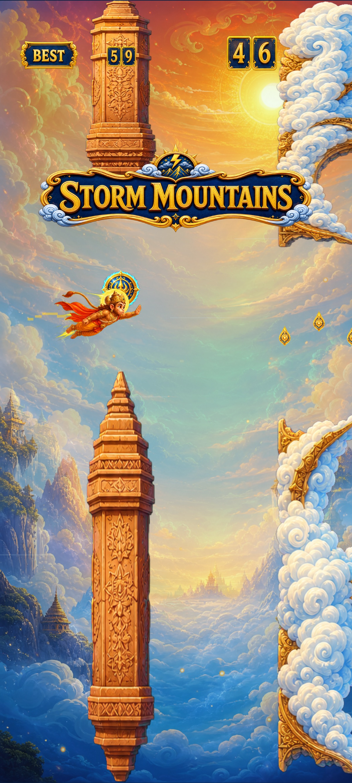 Hanuman flying through the Storm Mountains