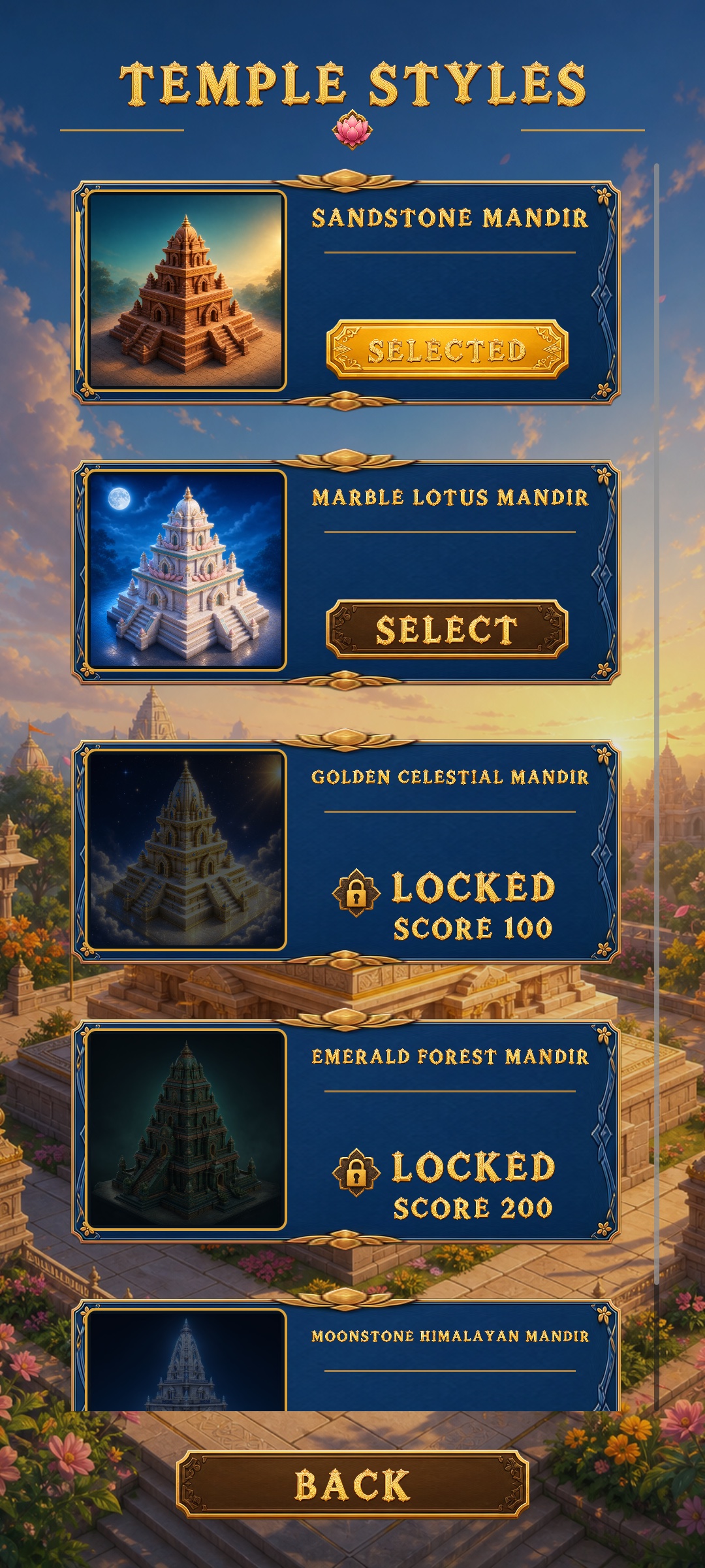 Five unlockable temple styles in Mandir
